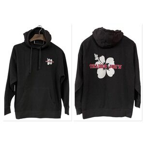 Trader Joe's Hibiscus Flower Logo Hoodie Charcoal Black Pullover Sweatshirt L